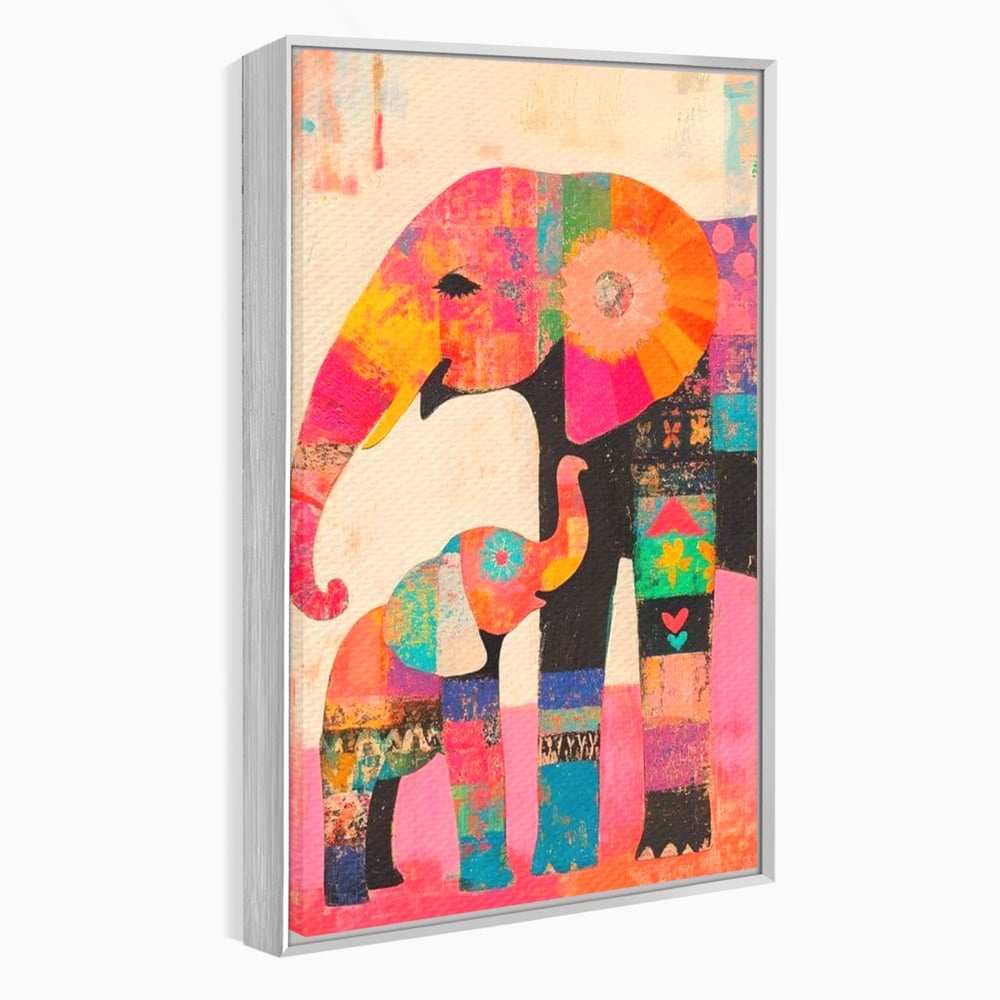 Tablou canvas cu tablou pictura cu elefanti colorati, in rama de aluminiu argintiu